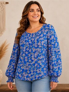 Women Plus 3X Floral Blue Long Sleeve Top Boho Feminine Garden Cottagecore